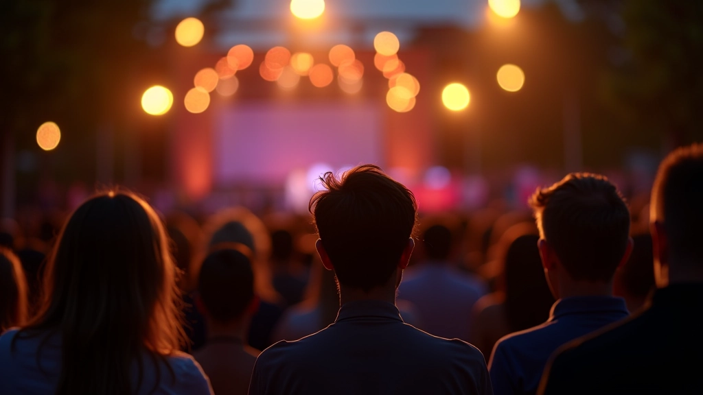 Audience members enjoying performance, candlelight and stage glow visible, relaxed summer evening atmosphere
