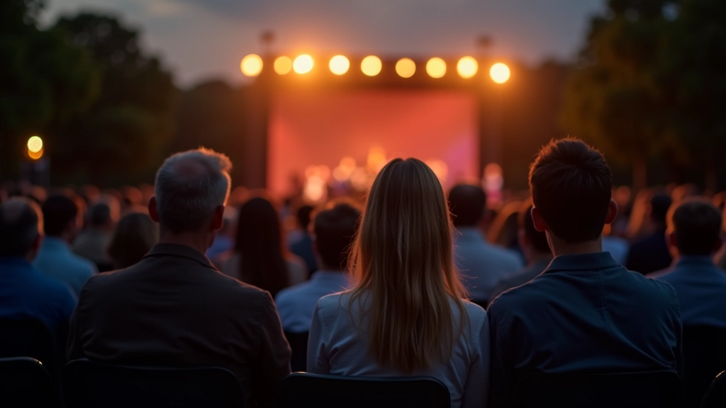 Audience members enjoying outdoor classical concert in evening atmosphere with stage lighting