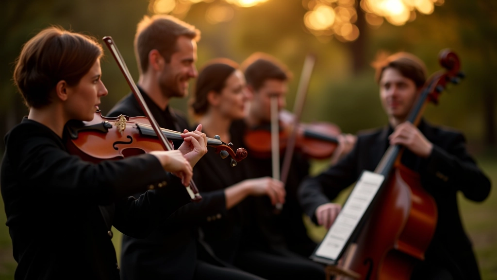 Multiple musicians performing chamber music ensemble with various classical instruments