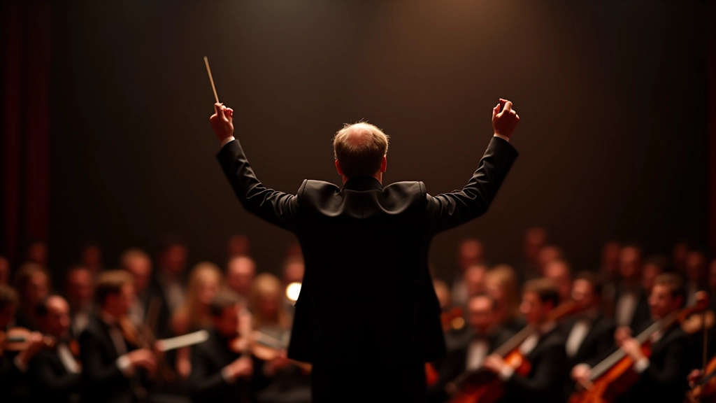 Conductor leading orchestra with dramatic lighting during evening performance