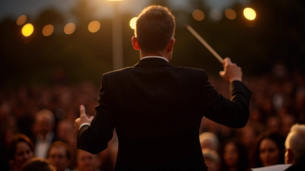 Orchestra performing on outdoor stage with conductor leading musicians at night