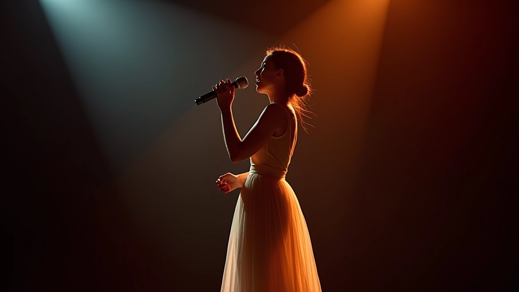 Soprano performer on outdoor stage wearing elegant gown during evening opera performance