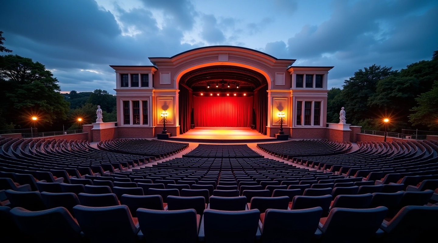 Opera house stage with dramatic lighting during evening performance, outdoor amphitheater setting