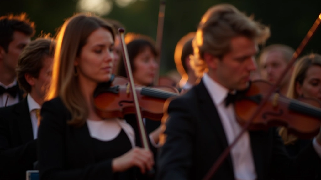 Close-up of orchestra musicians performing on outdoor stage, focused expressions, professional lighting