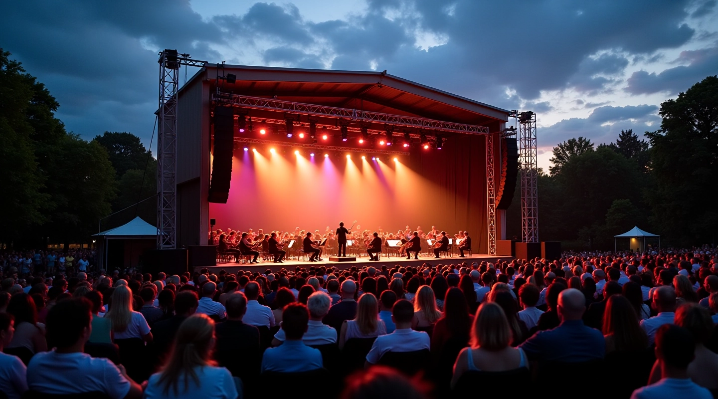 Evening opera performance at Riga Mežaparks open air stage with orchestra and audience under starlight, summer atmosphere