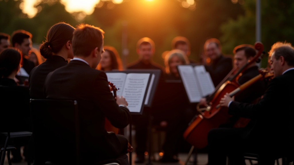Orchestra musicians in formal attire preparing for evening performance