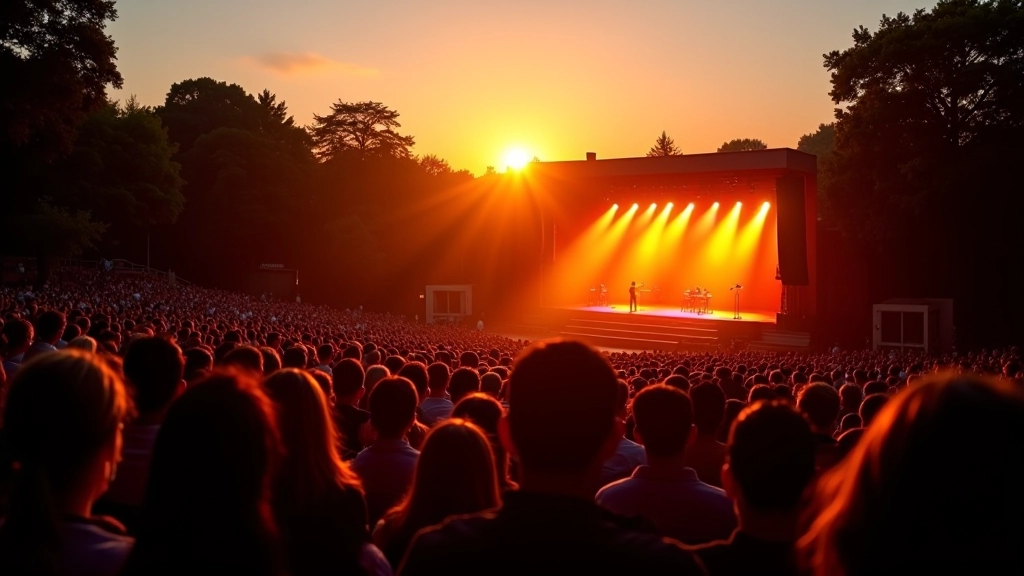Grand outdoor amphitheater during sunset with audience seated, stage lights glowing warm