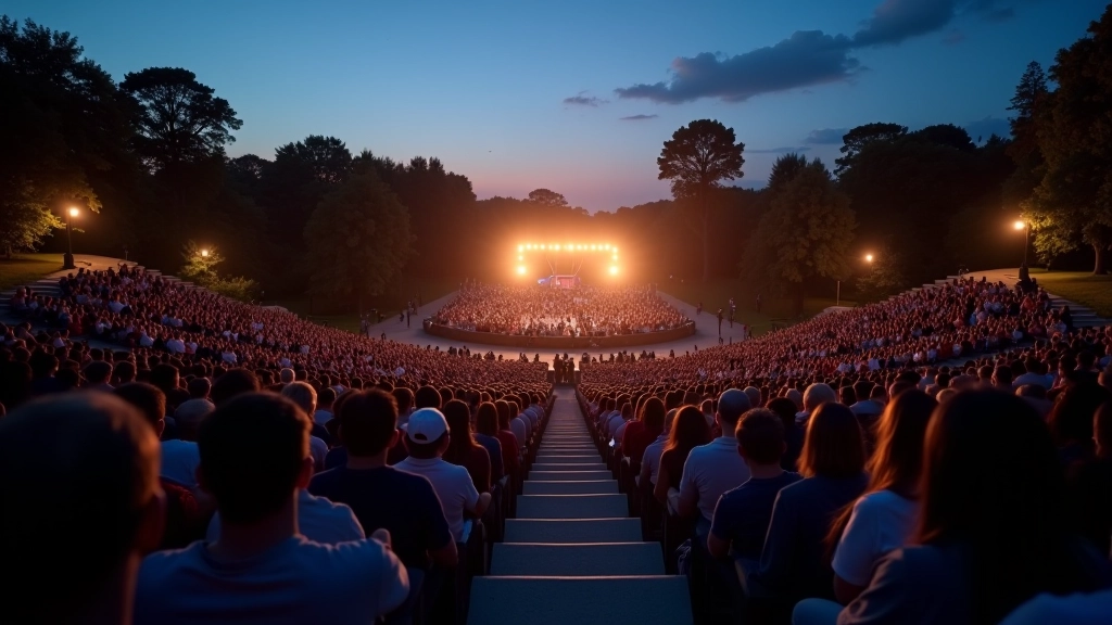 Outdoor amphitheater seating filled with audience members under starlit sky during evening performance