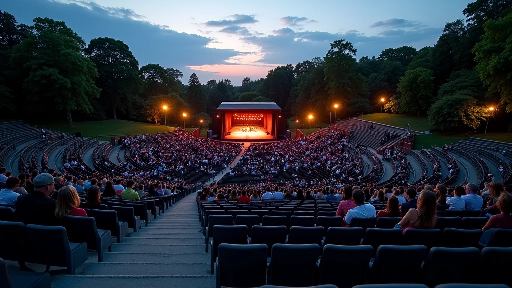 Wide view of outdoor concert amphitheater seating arrangement at dusk with stage in distance