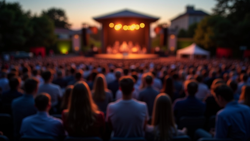 Audience members seated outdoors during twilight concert with stage lights visible