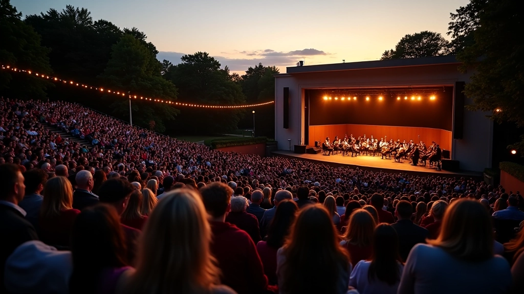 Outdoor concert venue with audience seated under evening sky and stage lighting