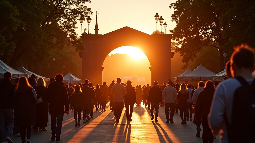 Outdoor venue gates opening at dusk with visitors entering, sunset lighting, crowd gathering