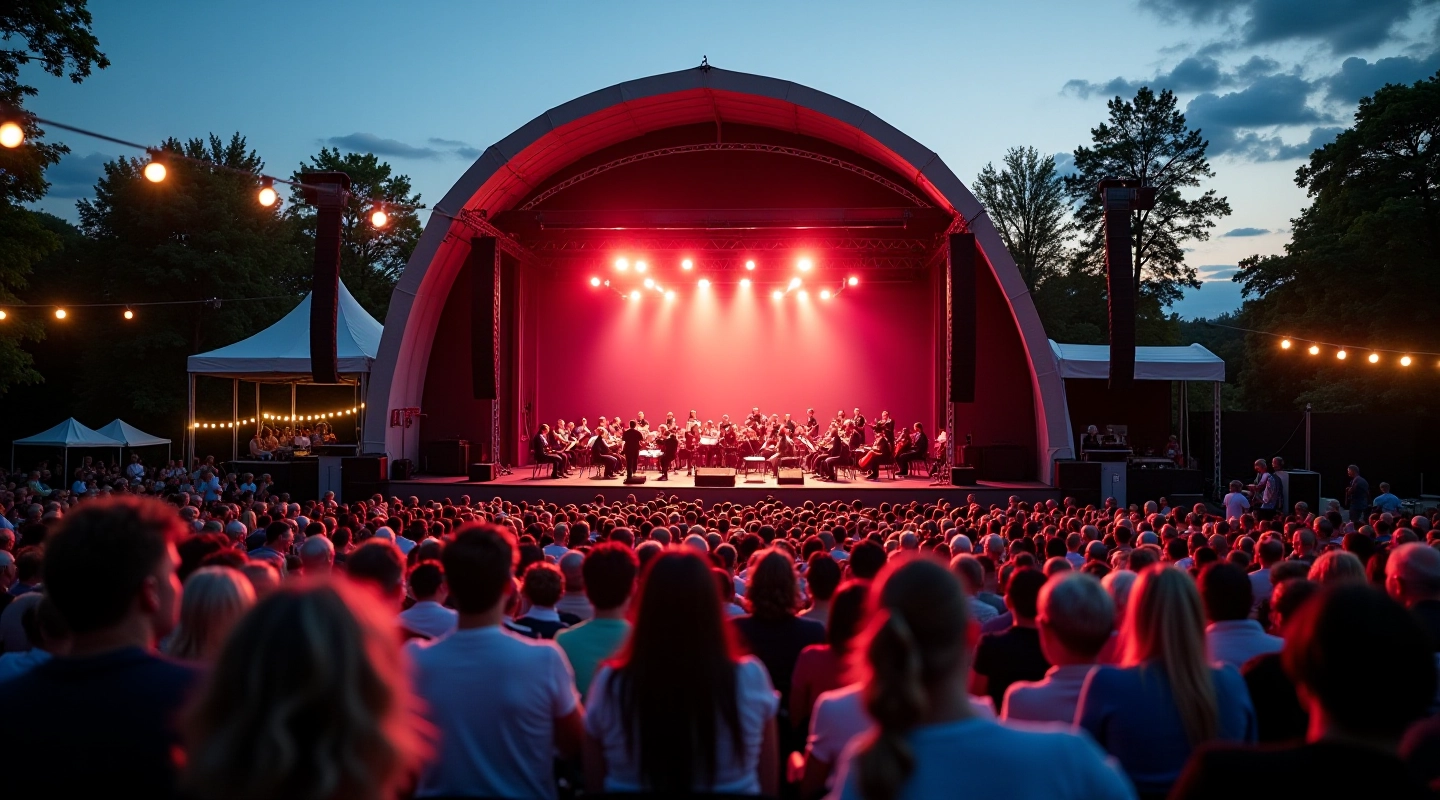 Open air opera stage at Riga Mežaparks during summer evening with orchestra and audience seating