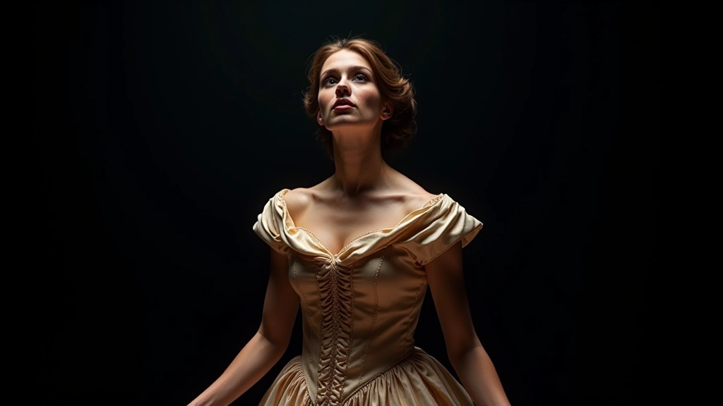 Professional soprano in elegant period costume performing dramatic scene on stage with emotional expression