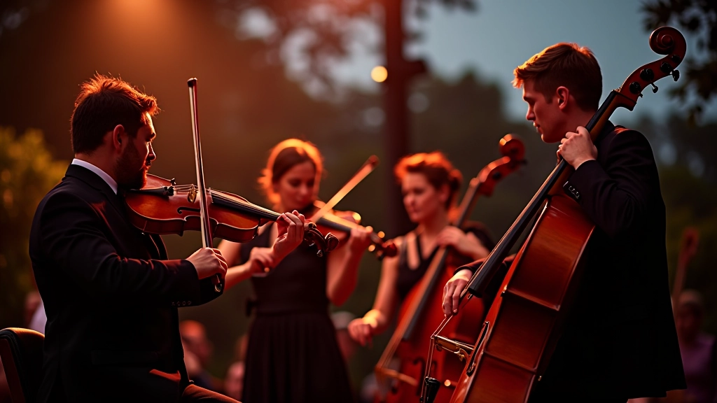 String quartet musicians performing with instruments under outdoor evening lighting