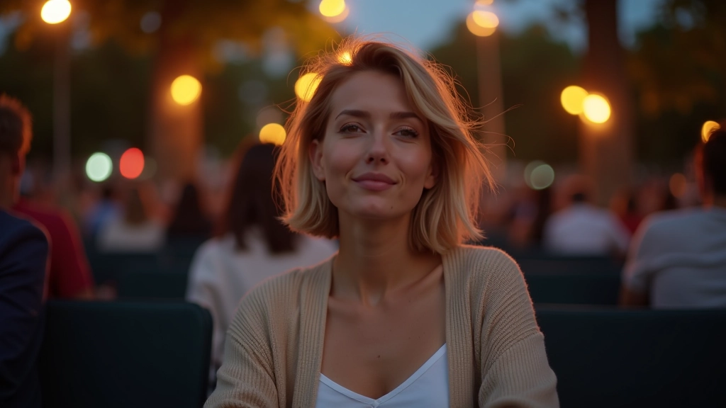 Woman in light jacket sitting comfortably outdoors during evening concert, relaxed posture, ambient stage lighting